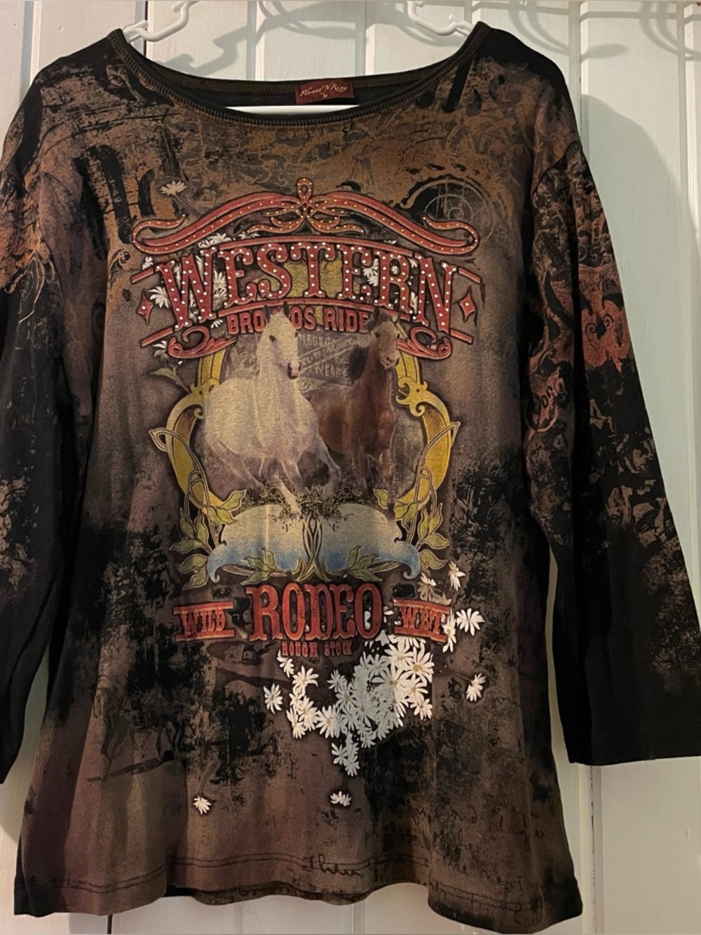 Flower N Ring bling western rodeo tee 1X EUC
